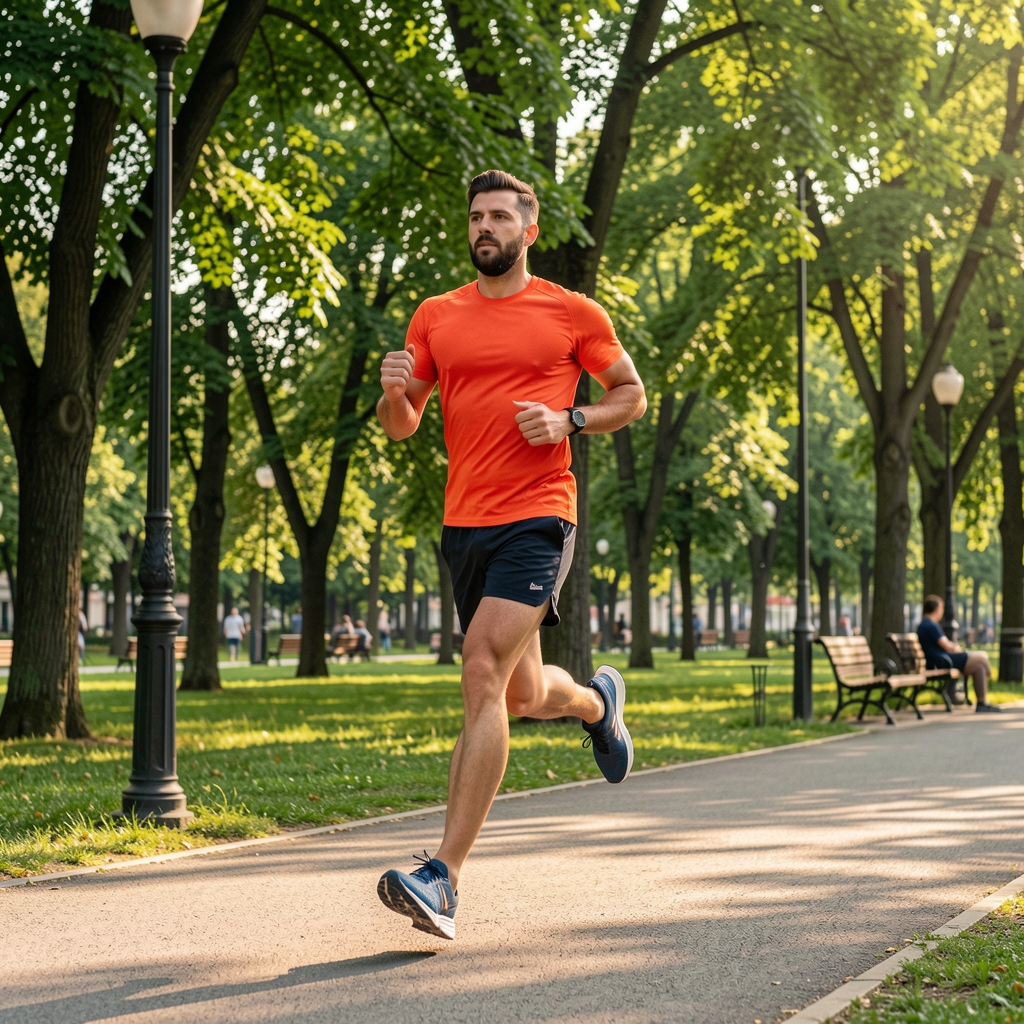 Jogger in a Bucharest park on a clear morning, green trees in background and running shoes in motion