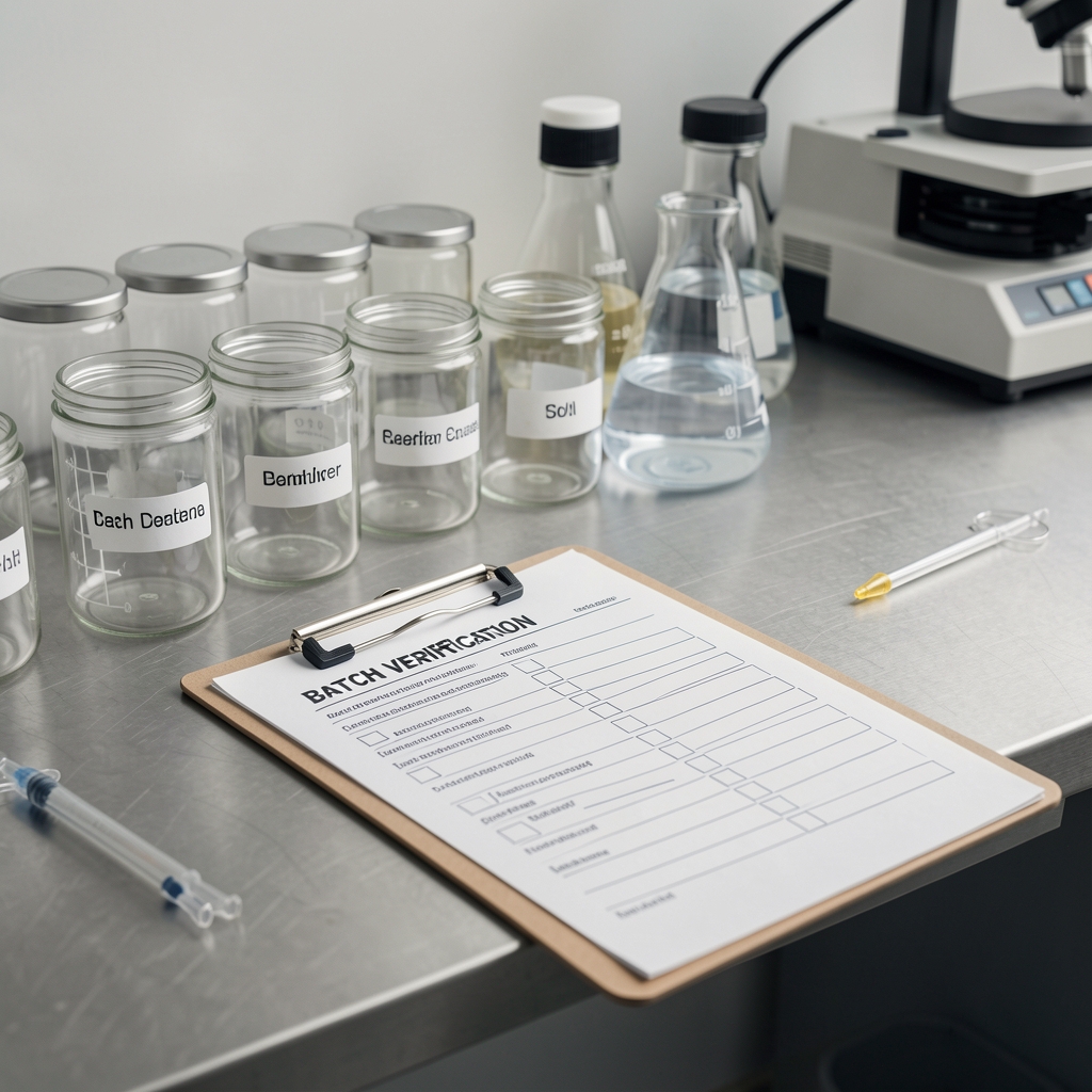 Quality-control bench with labelled glass containers, a clipboard with a batch verification checklist and controlled studio lighting