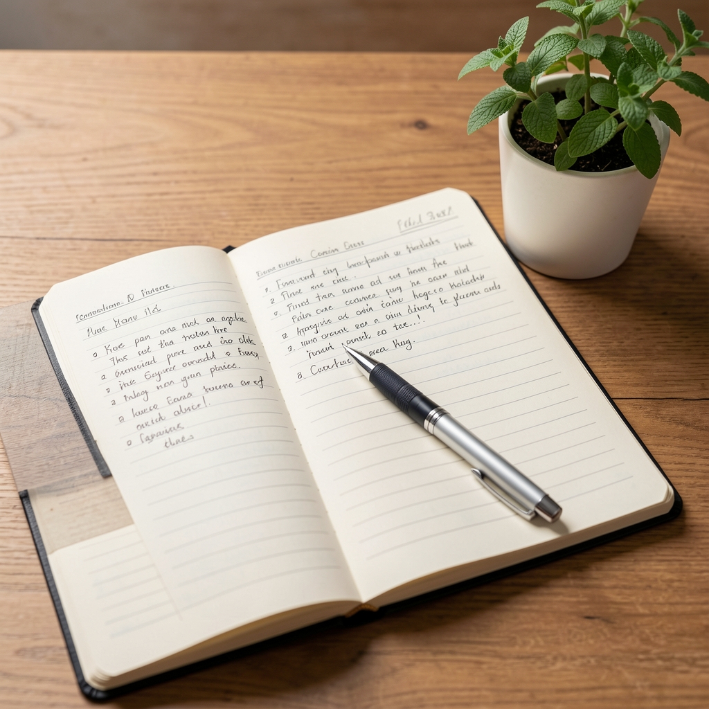 Open notebook with handwritten consultation notes, a pen resting across the page and a small potted herb on the desk beside it