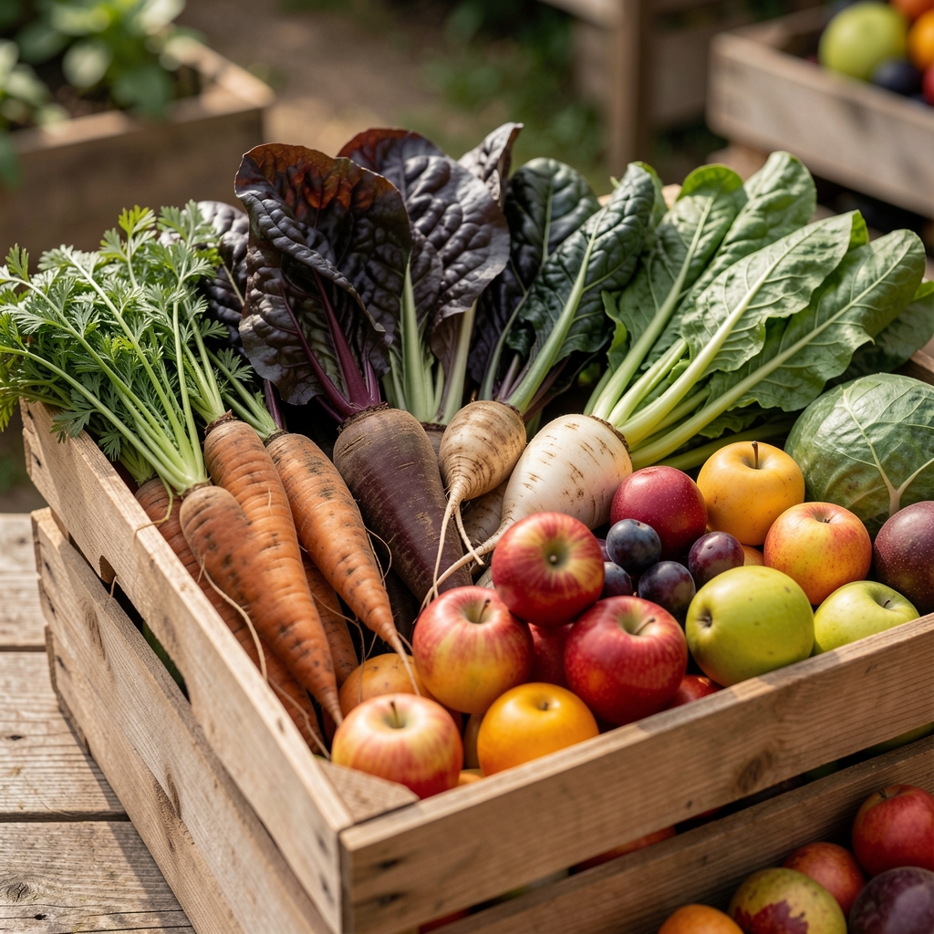 Wooden produce crate holding fresh root vegetables, dark greens and a seasonal variety of fruits photographed in natural daylight