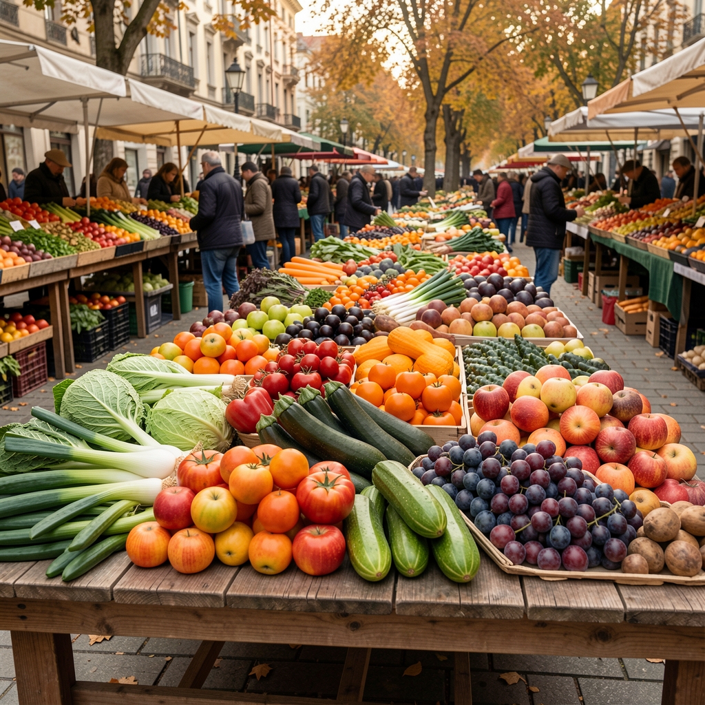 Colourful seasonal vegetables and fruits arranged by category on a large wooden market table in a Bucharest autumn farmers market
