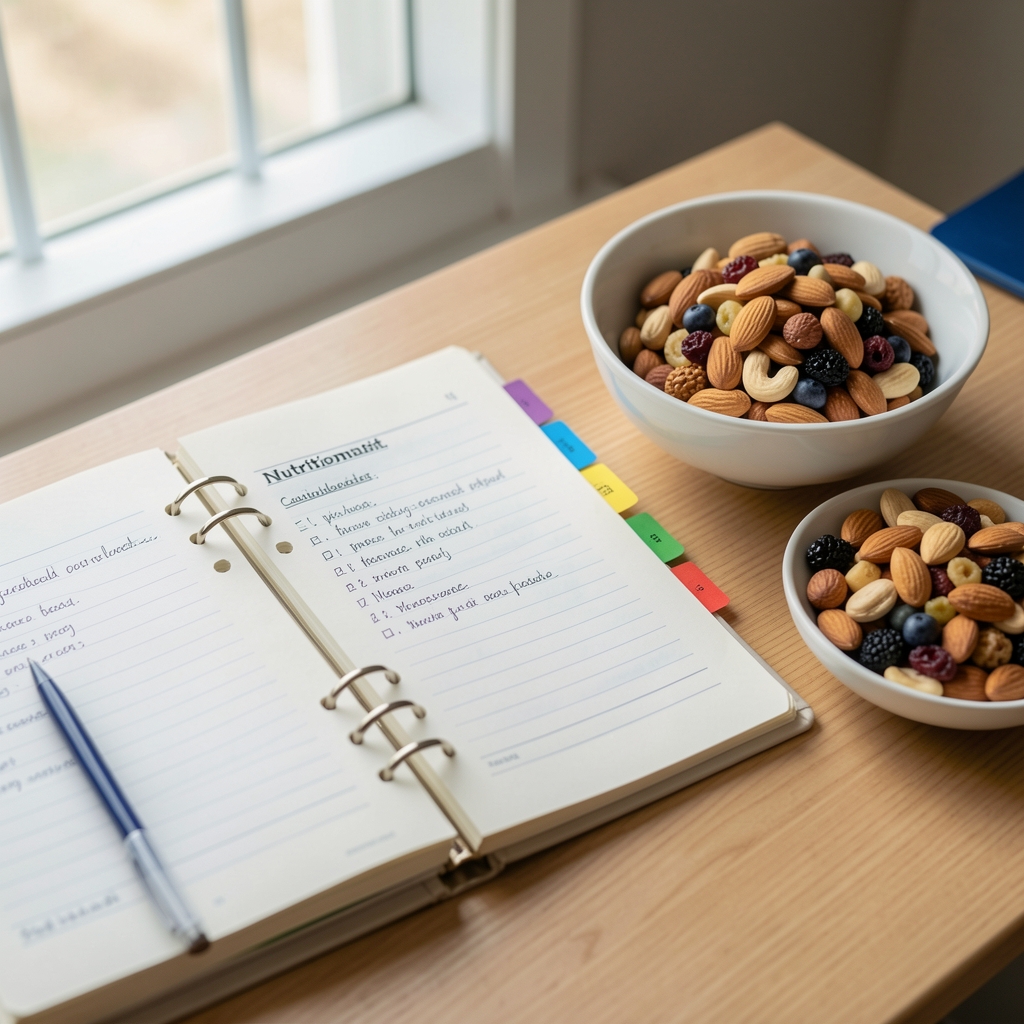Nutritionist writing structured consultation notes in a ring-bound journal with colour-coded tabs beside a bowl of mixed nuts and dried fruit