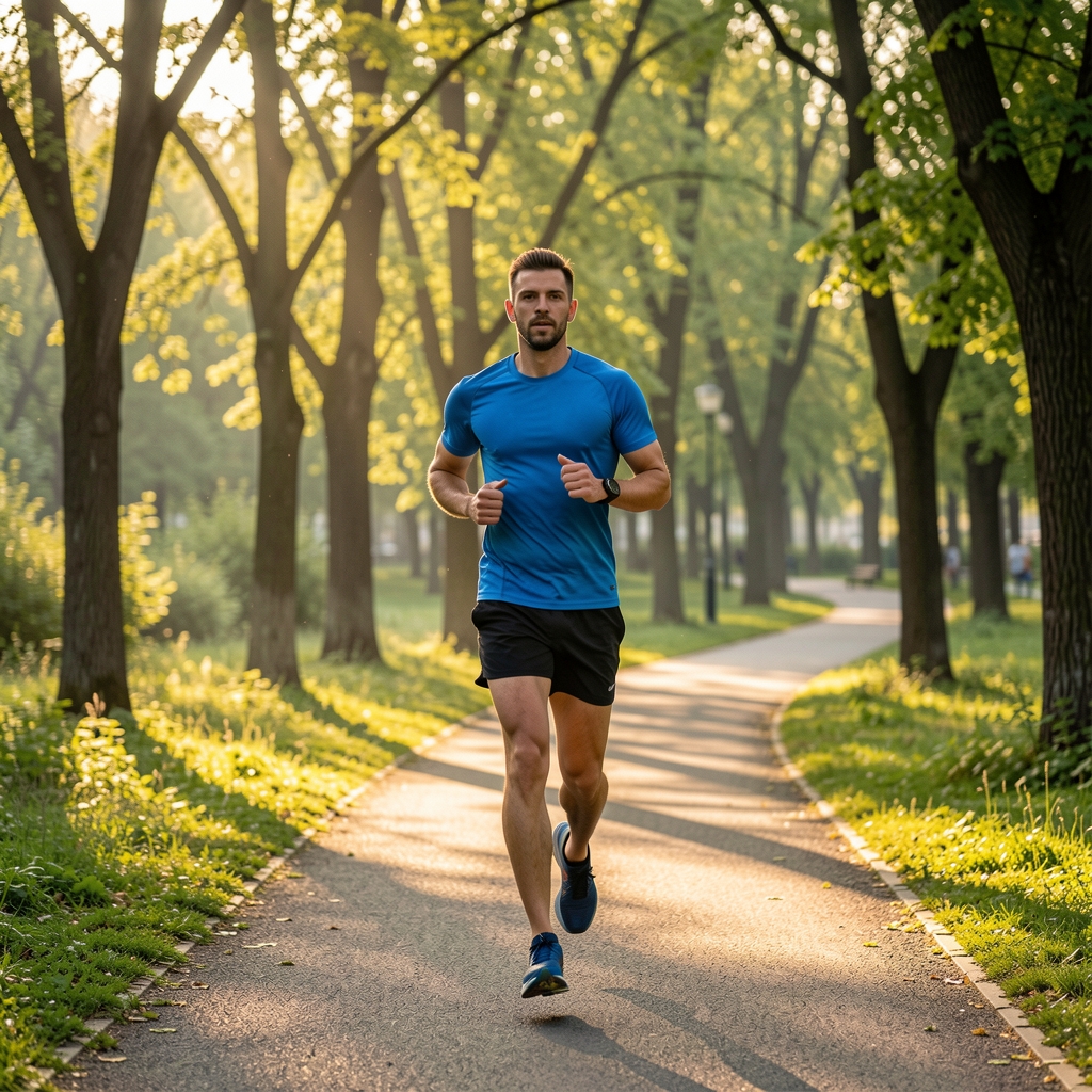 Person running on a Bucharest park trail in morning light, sports clothing, fresh greenery and tree-lined path in background