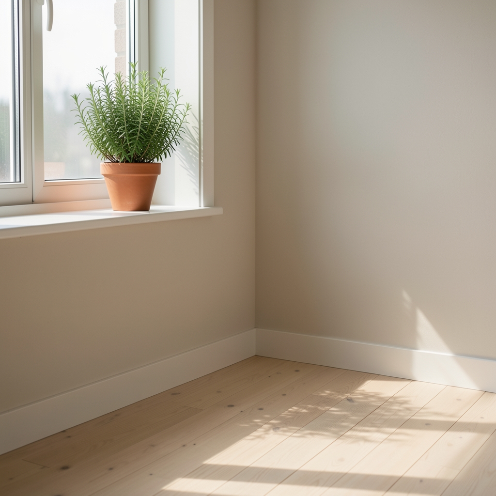 Corner of a consultation room with a potted herb plant on a windowsill and morning light falling across a pale wooden floor