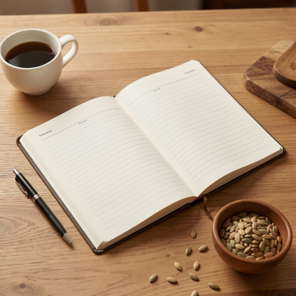 Open pages of a food intake notebook on a desk with a pen and small bowl of seeds beside it