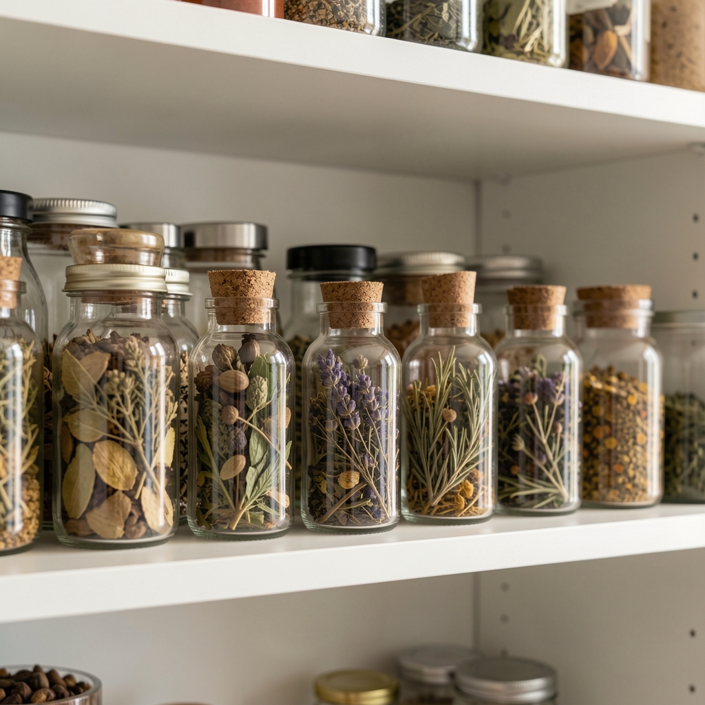 Small glass bottles filled with dried botanical herbs lined up on a white shelf in an organised kitchen storage area